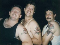 IDN Bali 1990OCT WRLFC WGT 009  Hey Philthy, I think the temp tats look better on Bushy and Bulldog rather than your chicken wings! : 1990, 1990 World Grog Tour, Asia, Bali, Date, Indonesia, Month, October, Places, Rugby League, Sports, Wests Rugby League Football Club, Year