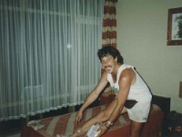 IDN Bali 1990OCT WRLFC WGT 039  Philthy just back from being stitched up after opening his leg up on a broken tile in the pool. : 1990, 1990 World Grog Tour, Asia, Bali, Date, Indonesia, Month, October, Places, Rugby League, Sports, Wests Rugby League Football Club, Year