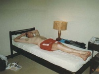 IDN Bali 1990OCT WRLFC WGT 090  Fluxy's checking his eyelids out for holes : 1990, 1990 World Grog Tour, Asia, Bali, Date, Indonesia, Month, October, Places, Rugby League, Sports, Wests Rugby League Football Club, Year