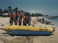 IDN Bali 1990OCT WRLFC WGT 099  Powelly, Reet Petite, Fluxy, Roy the Boy & Dowlo decide to take on the big banana. : 1990, 1990 World Grog Tour, Asia, Bali, Date, Indonesia, Month, October, Places, Rugby League, Sports, Wests Rugby League Football Club, Year