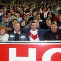 AUS QLD Brisbane 2004MAY28 Broncos 012  I managed to get a local cameraman to take a group shot of us in our front row seats. : 2004, 2004 - The "Get Fluxed" Australian Tour, Australia, Brisbane, Brisbane Broncos, Date, May, Month, NRL, Places, QLD, Rugby League, Sports, St George Illawarra Dragons, Suncorp Stadium, Trips, Year