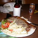 AUS QLD ChartersTowers 2003APR15 011  How's this for a pub feed at lunchtime. You had to be pretty good on the fang to get through this rump steak, chips and rabbit food.  Oh, and the beer was only used to wash it all down!!! : 2003, April, Australia, Charters Towers, Date, Month, Places, QLD, Year